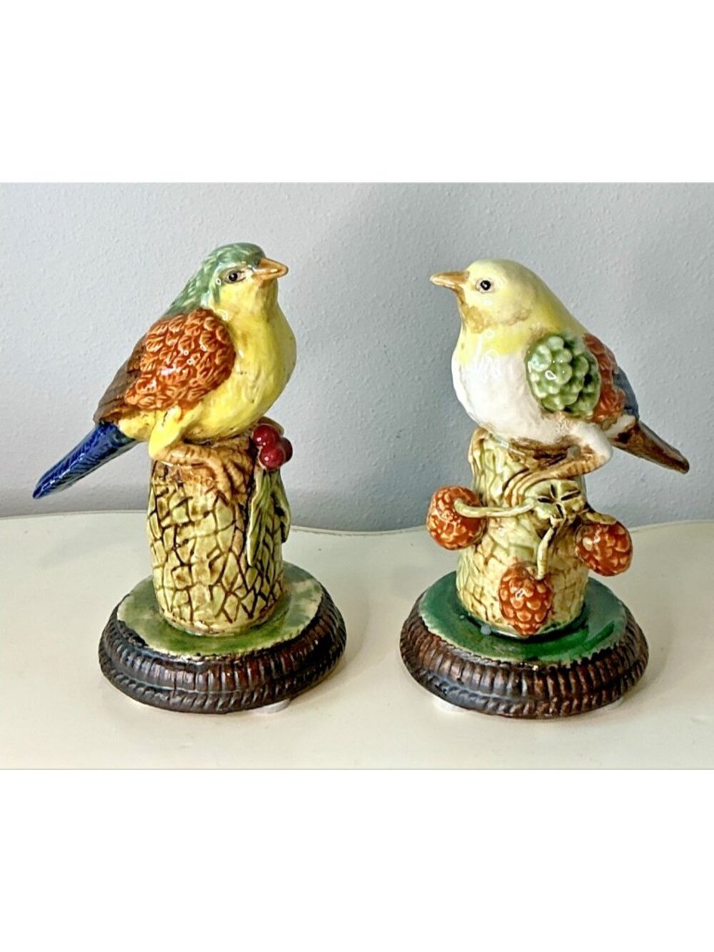 Ceramic Bird Figurine Pair - Hand Painted Birds on Tree Stumps with Berries